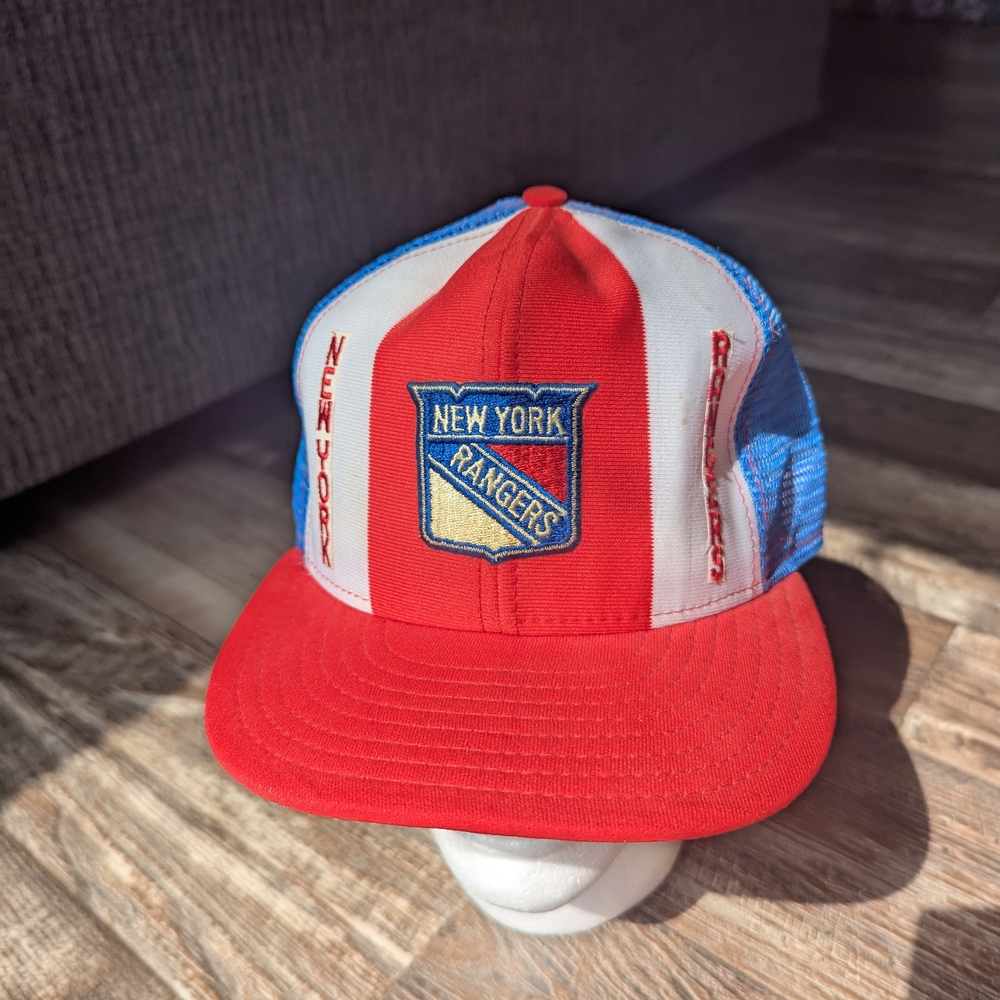 Vintage 1980s New York Rangers Red and Blue Lucky Stripes Snapback Trucker Hat